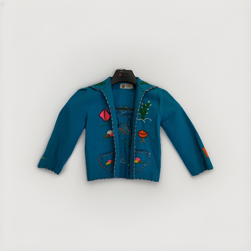 Vintage Azteca Mexican Wool Souvenir Jacket Turquoise Hand Embroidered‎ Folk Art